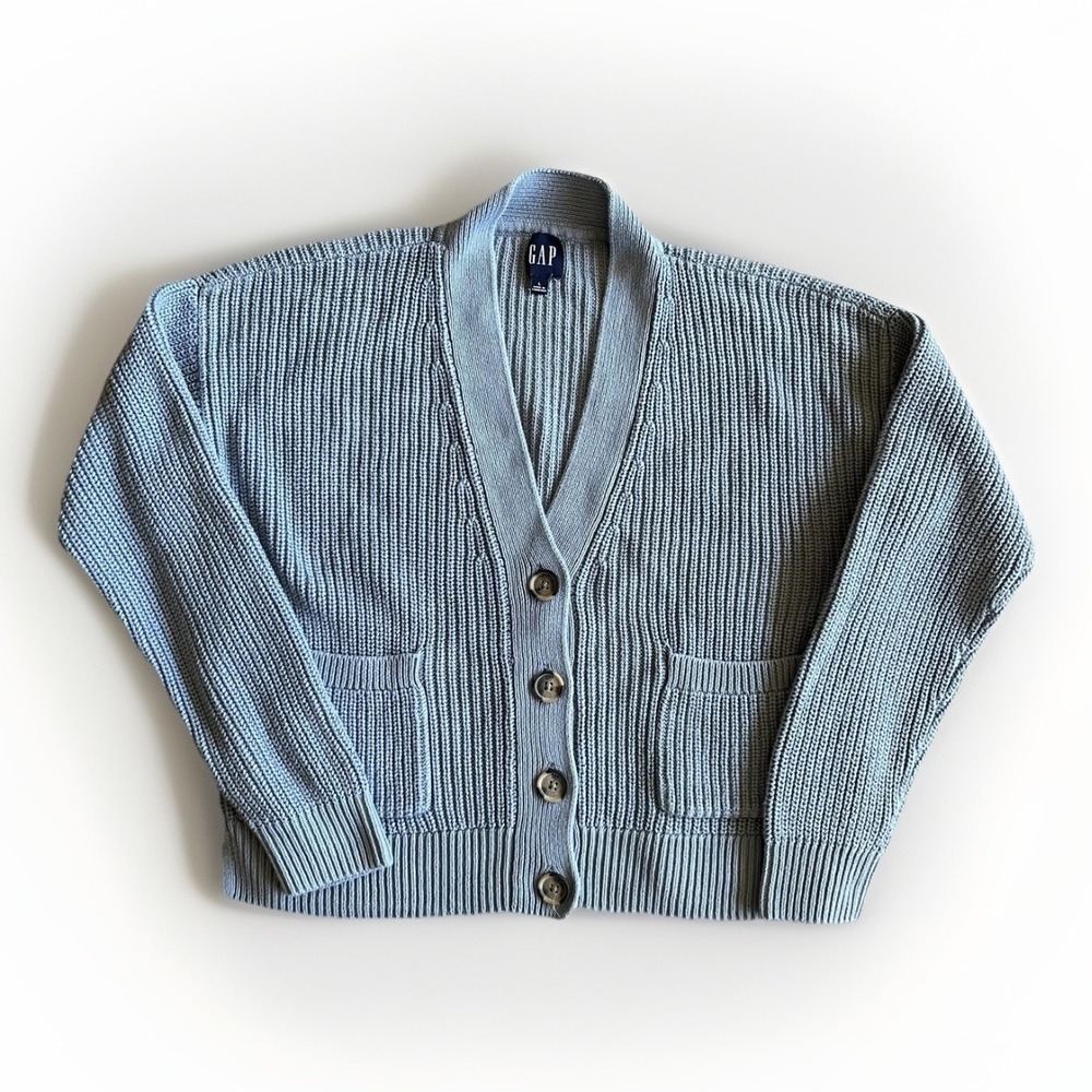 GAP Sweater Cardigan Mens Large Gray Cotton Chunky Knit Button Front Pockets